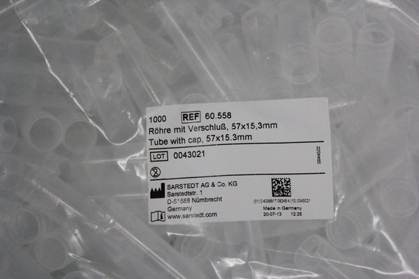 1000 NEW SARSTEDT CONICAL CENTRIFUGE TUBES W/CAP 57x15.3MM 60.558
