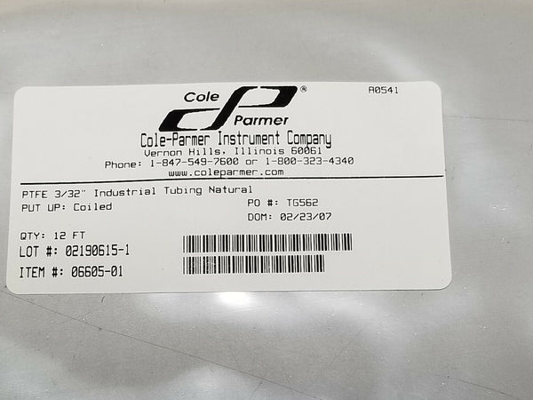 12ft Package Cole Parmer 3/32" Natural PTFE Masterflex Transfer Tubing 6605-01