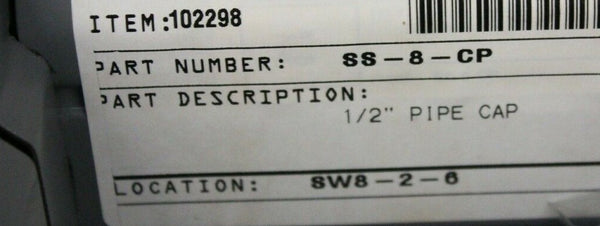 2 New Swagelok Stainless Steel 1/2" Pipe Cap Fittings SS-8-CP