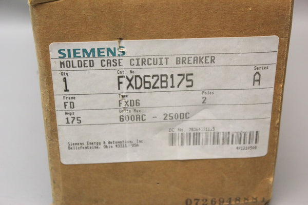 NEW SIEMENS 175A MOLDED CASE CIRCUIT BREAKER FXD62B175