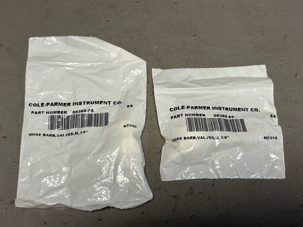 2- New Cole-Parmer 06360-85  Hose Barb, Valved, M, 3/8”