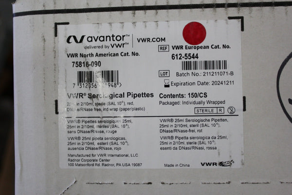 VWR CASE OF VWR SEROLOGICAL PIPETTES 75816-090 25ML EXP 20241211