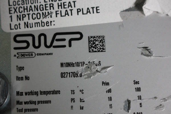 Unused SWEP STAINLESS STEEL LIQUID HEAT EXCHANGER  M10NHX10/1P-CTE-S
