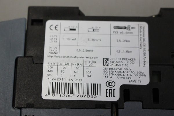 UNUSED SIEMENS SIRIUS CIRCUIT BREAKER 3RV2711-1KD10
