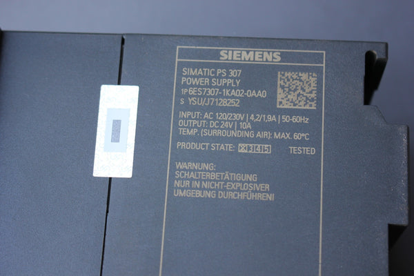 SIEMENS 6ES7 307-1KA02-0AA0 POWER SUPPLY MODULE (1A)