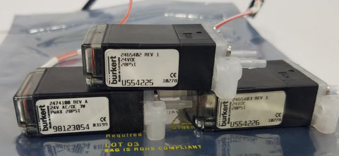(3) BURKERT SOLENOID VALVES ROCKER 24V DC 28PSI