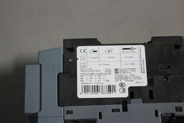 UNUSED SIEMENS SYSTEM PROTECTION CIRCUIT BREAKER 3RV2711-1DD10