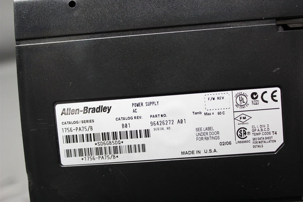 ALLEN BRADLEY CONTROLLOGIX 13 SLOT PLC CHASSIS W/ POWER SUPPLY 1756-A13/B PA75/B