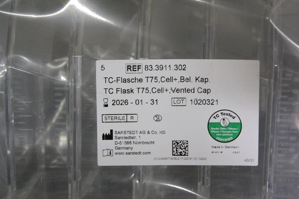 2 NEW PACKS (5 EACH) SARSTEDT TC CELL CULTURE  FLASKS T75 VENTED CAP 83.3911.302