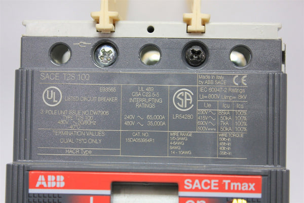 ABB SACE Tmax 3 POLE 480V 30A CIRCUIT BREAKER T2S 100 1SDA053954R1