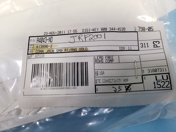 25 Pieces TE Connectivity 413996-2 Smb Receptacle Connector R/a 50 Ohm Pcb Mount