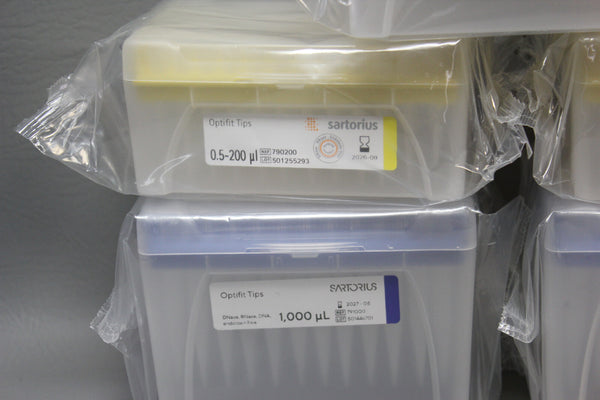 LOT OF 5 RACKS SARTORIUS OPTIFIT TIPS MISC SIZES 0.1-10, 0.5-200, 10-1000 UL