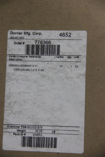 NEW DORNER BELTED 2200 SERIES CONVEYOR 22MDM02 2" X 3' -3.9