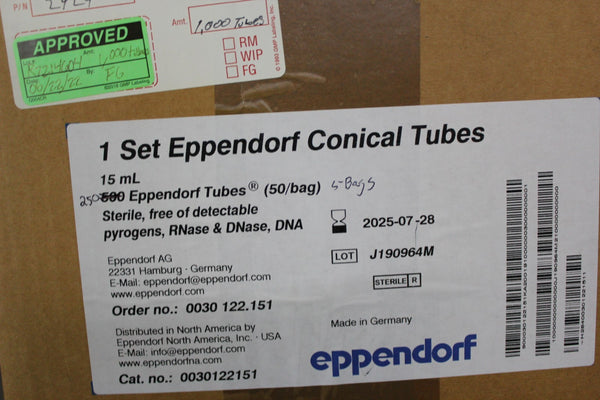 NEW BOX OF 250 15mL EPPENDORF TUBES 0030122151