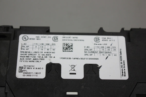 SIEMENS 3RT2035-1AP60 POWER CONTACTOR