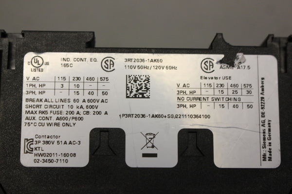 UNUSED SIEMENS SIRIUS CONTACTOR 3RT2036-1AK60