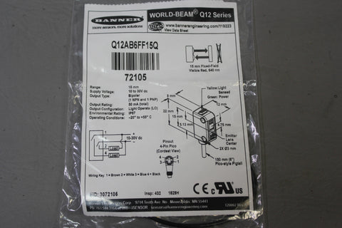 NEW BANNER WORLD-BEAM PROXIMITY SENSOR Q12AB6FF15Q