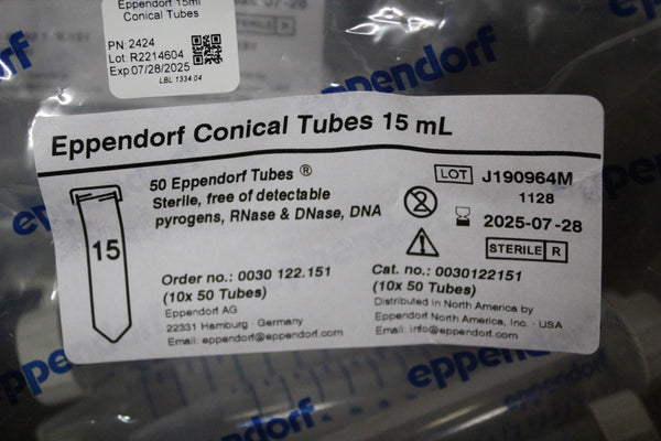 NEW BOX OF 250 15mL EPPENDORF TUBES 0030122151