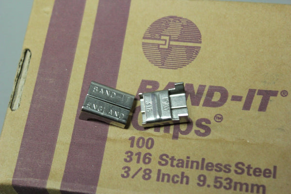 NEW BOX OF 100 BAND-IT 316 STAINLESS STEEL CLIPS 3/8" 9.53mm AE453