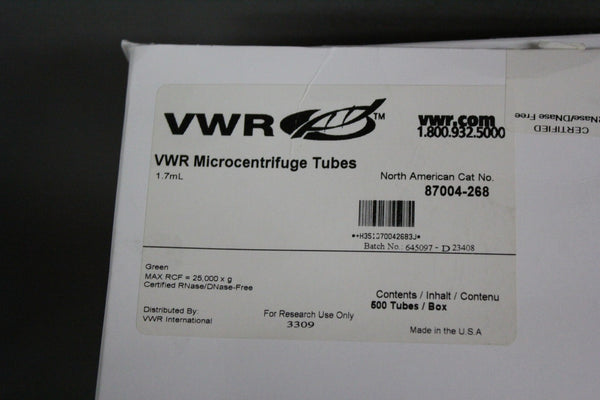 NEW BOX 500 VWR 1.7mL MICROCENTRIFUGE TUBES 87004-268