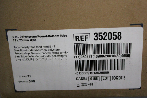NEW CASE OF 500 FALCON 5mL ROUND BOTTON POLYSTYRENE TEST TUBES 352058