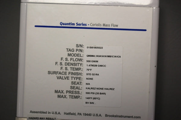 UNUSD BROOKS INSTRUMENTS QUANTUM SERIES CORIOLIS MASS FLOW CONTROLLER QMB