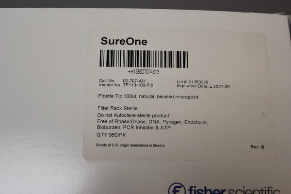 NEW BOX 960 FISHER 100uL SURE ONE PIPETTE TIPS BEVELED MICROPOINT 02-707-431