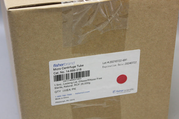 SEALED 100 FISHER-BRAND 14-666-318 1.5mL Micro Centrifuge Tubes Locking Lid