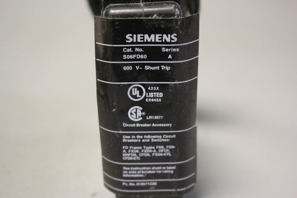 UNUSED SIEMENS S06FD60 SHUNT TRIP BREAKER
