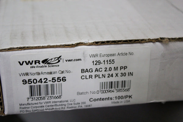 BOX OF 100 NEW VWR CLEAR PP 2 MIL AUTOCLAVABLE BAGS 20x30 95042-556