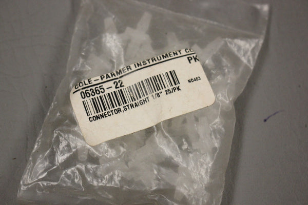 NEW LOT OF 25 COLE PARMER 06365-22 STRAIGHT CONNECTORS 1/8"