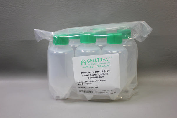 Case of 36 250mL Conical Bottom Centrifuge Tubes; Celltreat 229466
