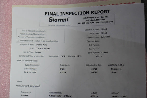 NEW STARRETT GRANITE PLATE 18.5"x21.25"x1.5"