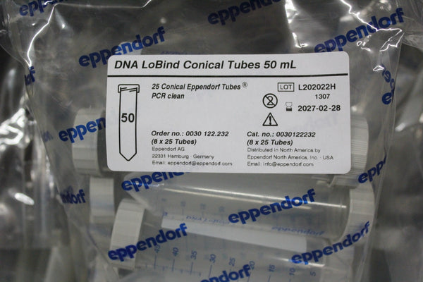 NEW CASE OF 125 EPPENDORF 50mL PCR CLEAN CONICAL TUBES 25/BAG 0030122232