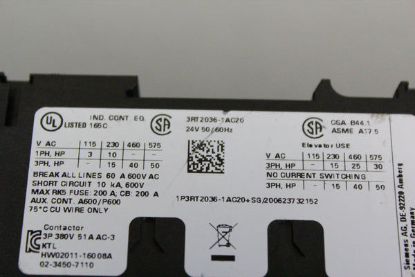 SIEMENS SIRIUS 3RT2036-1AC20 CONTACTOR MODULE