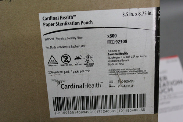 NEW CASE OF 600 CARDINAL HEALTH PAPER STERILIZATION POUCH 3.5IN X 8.75IN 92308