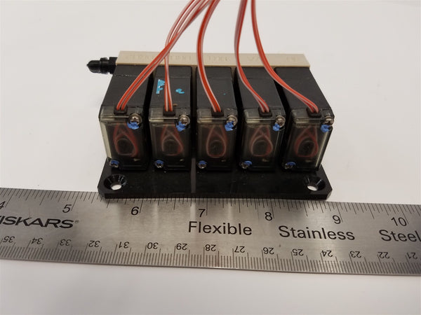 BURKERT MANIFOLD +(5) SOLENOID VALVES US54227 ROCKER REV B 24V DC 28PSI 5Y 0217