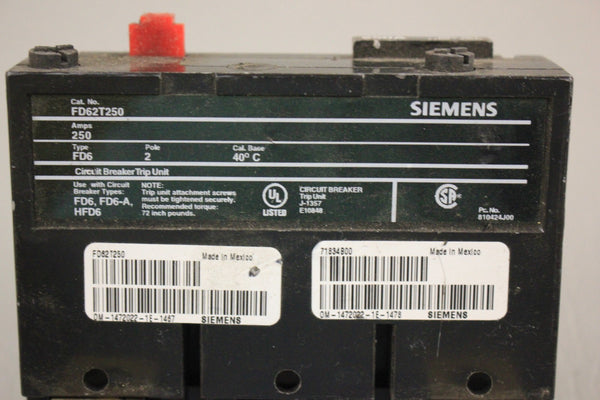 SIEMENS FD62T250 CIRCUIT BREAKER TRIP UNIT 250 AMP 2 POLE