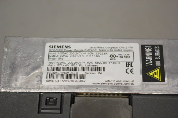 SIEMENS SINAMICS POWER MODULE WITH CONTROL UNIT 6SL3210-1PB21-8UL0