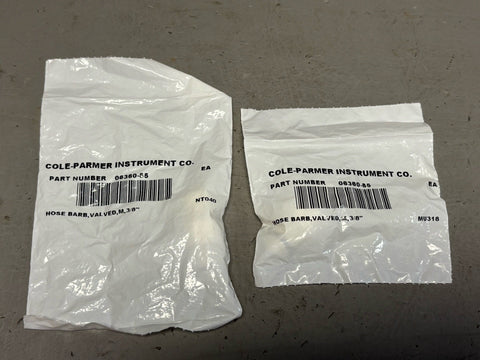 2- New Cole-Parmer 06360-85  Hose Barb, Valved, M, 3/8”