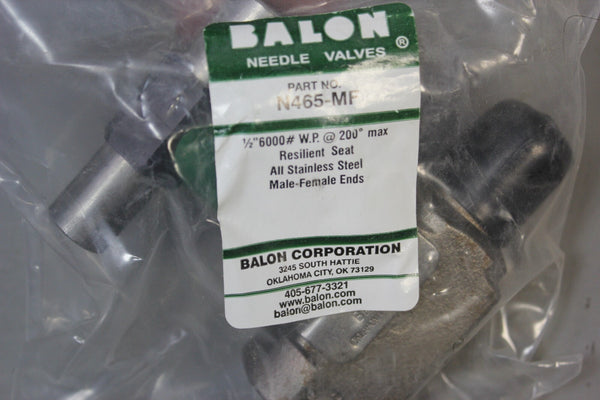 NEW BALON 1/2" 6000# W.P. STAINLESS STEEL NEEDLE VALVE N465-MF