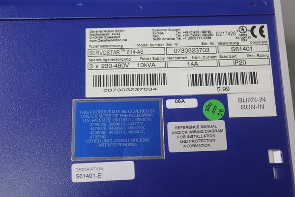 KOLLMORGEN SERVOSTAR 600 SERVO AMPLIFIER WITH I/O MODULE 614-AS S61401-EI