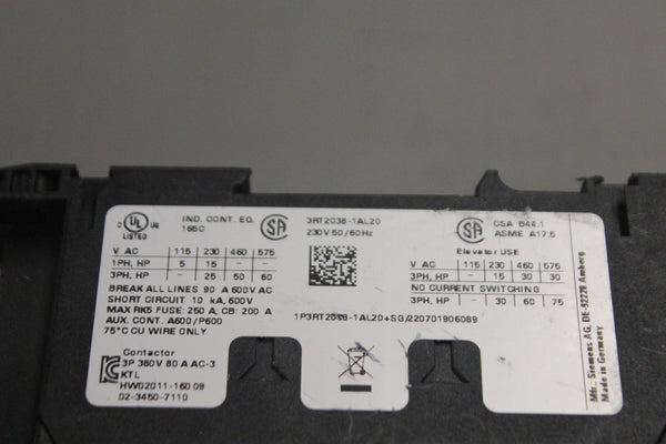 SIEMENS 3RT2038-1AL20 POWER CONTACTOR