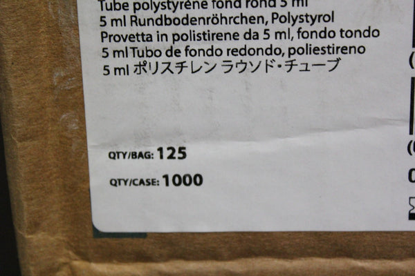 NEW CASE OF 1K FALCON 5mL POLYSTYRENE ROUND BOTTOM TEST TUBE 12X75mm 352054