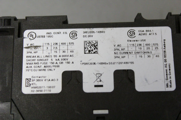 SIEMENS POWER CONTACTOR  3RT2035-1KB40