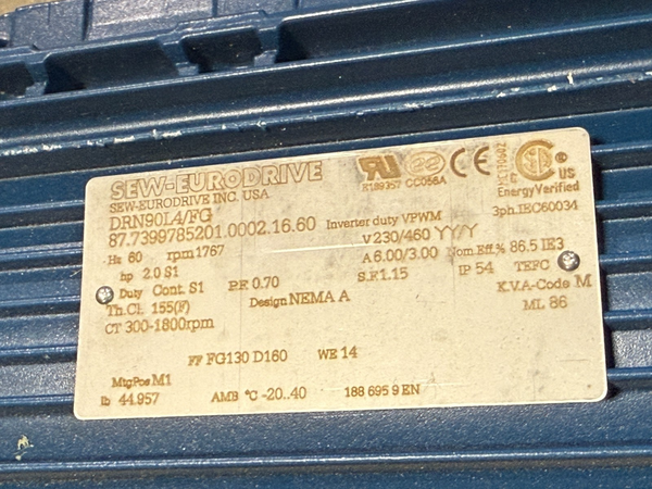 SEW EURODRIVE DRN90L4/FG 230/460V MOTOR 60HZ 300-1800RPM NEMA A
