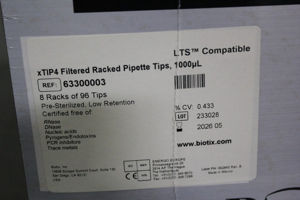 NEW 8 RACKS OF 96 TIPS BIOTIX 1000uL FILTERED PIPETTE TIPS xTIP4 63300003