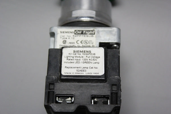SIEMENS GREEN OIL TIGHT MUSHROOM HEAD PUSH BOTTON 52PP7ESUB W/ 52BAU