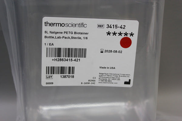 THERMO NALGENE 5L PETG Biotainer Square Bottle 1/6 STERILE