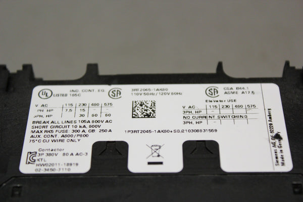 SIEMENS CONTACTOR 3RT2045-1AK60